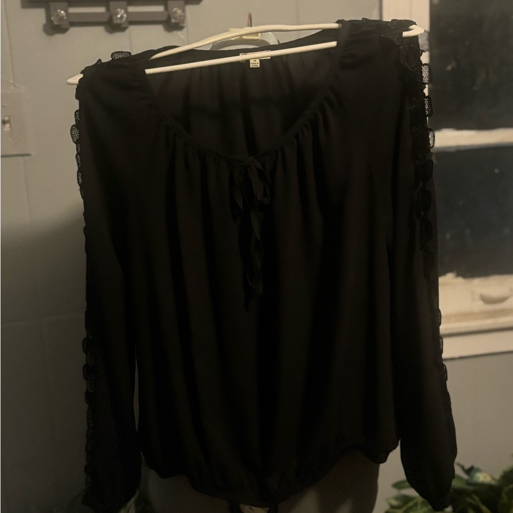 Lily White Black Blouse with Lace Sleeves